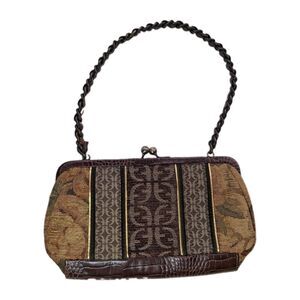 Vintage Fossil Tapestry & Croc Embossed Trim Kiss Lock Mini Purse Y2K Boho Brown